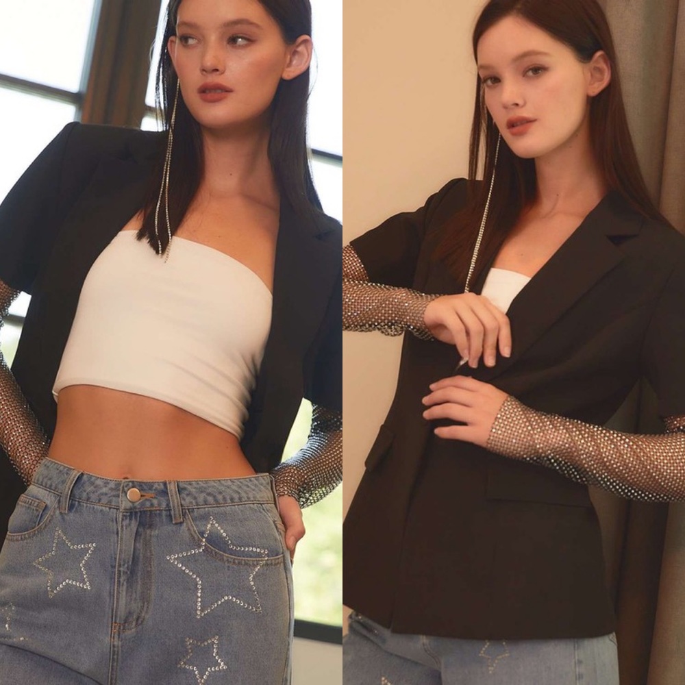 This Is How We Do It Black Rhinestone Mesh Sleeve Blazer - Picture 3 of 9